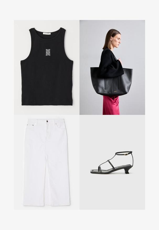 Zwarte geribbelde tanktop met een ronde halslijn en een geborduurd logo in het wit. De stof heeft een gladde textuur met een aansluitende pasvorm.; Witte denimrok met een rechte snit, voorkantsplit, vijf zakken, metalen knoop en klinknagels, en een rafelige zoom onderaan.; Zwarte leren sandaal met een vierkante neus, dunne banden, een verstelbare enkelriem en een lage hak. Heeft een kleine gouden accent op de band.; Zwarte leren draagtas met een gestructureerde afwerking, voorzien van twee verticale lijnen, dubbele schouderbanden en een minimalistisch ontwerp.