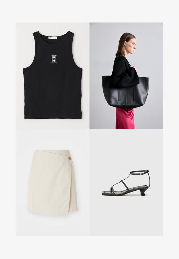 Juodas raštuotas lieknas marškinėliai su apvalia iškirpte ir balta siuvinėta logotipu. Medžiaga yra glotni su pritaikytu siluetu.; Bežinė apklijuota sijonas su šoniniu mygtuko uždarymu, vientisa medžiaga, švarios linijos ir glotni tekstūra, sukurta prigludusiam siluetui.; Juodas odinis sandalai su kvadratiniu pirštu, plonomis dirželiais, reguliuojamu kulkšnies dirželiu ir žemu kulnu. Yra nedidelis aukso akcentas ant dirželio.; Juodas odinis rankinės modelis su tekstūruotu paviršiumi, turintis dvi vertikalias linijas, dvi petinių dirželių poras ir minimalistinį dizainą.