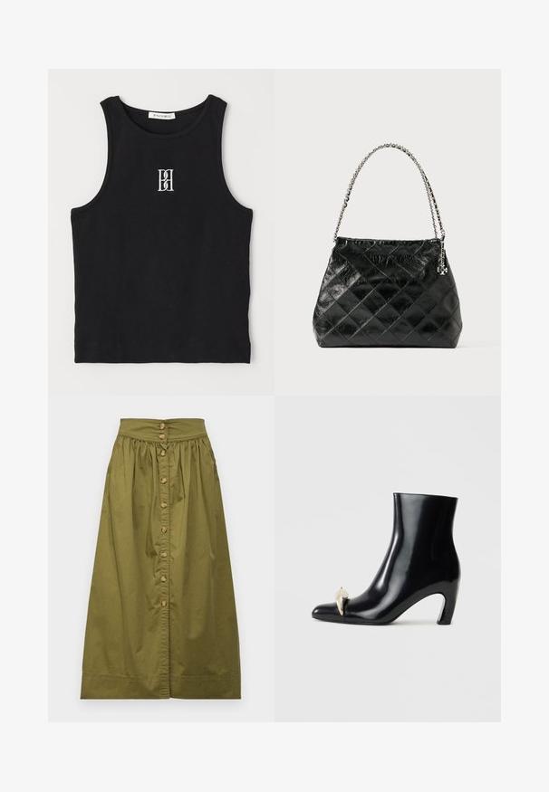 Black ribbed tank top featuring a round neckline and embroidered logo in white. Fabric has a smooth texture with a fitted shape.; Vanessa Bruno DARJA - A-line skirt - safari; Black ankle boot made of glossy leather, featuring a pointed toe and a decorative gold and silver accent at the front. Block heel design.; Black quilted leather handbag with a silver chain handle, featuring a structured design and smooth texture.