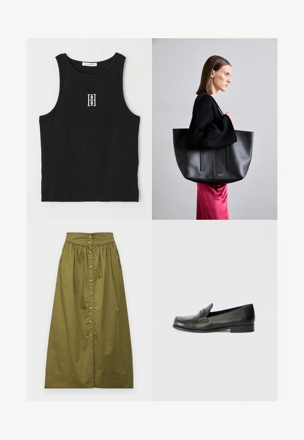 Černý žebrovaný top bez rukávů s kulatým výstřihem a vyšívaným logem v bílé barvě. Má přiléhavý střih a čistý, rovný lem.; Vanessa Bruno DARJA - Áčková sukně - safari; Černé kožené mokasíny s zaoblenou špičkou, zvýrazněnými švy a nízkým rozšířeným podpatkem. Hladký povrch s jemným leskem.; Černá kožená taška s texturovaným povrchem, která má dva vertikální pruhy, dvojité ramenní popruhy a minimalistický design.