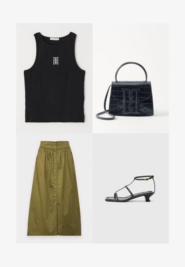 Top de tip tank black cu farfurie rotundă, având un logo brodat alb. Materialul are o textură netedă și o formă ajustată.; Vanessa Bruno DARJA - Fustă în formă de A - safari; Sandelă din piele neagră cu vârf pătrat, curele subțiri, curea ajustabilă la gleznă și toc mic. Prezintă un mic accent auriu pe curea.; Geantă din piele cu model de crocodil negru, cu un design structurat, mână superioară, curea ajustabilă și un detaliu proeminent cu logo pe față.