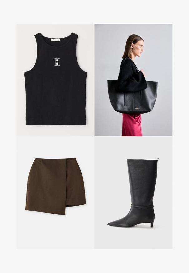 Fekete bordás trikó kerek nyakkivágással és fehér hímzett logóval. Az anyag sima tapintású, testhezálló formával.; By Malene Birger RAYE - A-vonalú szoknya - dark mahogany; Fekete bőr, térd fölé érő csizma, hegyes orral, kör alakú pánttal a bokán és alacsony, keskeny sarkú. Simára csiszolt textúra.; Fekete bőr bevásárlótáska, texturált felülettel, két függőleges vonallal, dupla vállpánttal és minimalista dizájnnal.