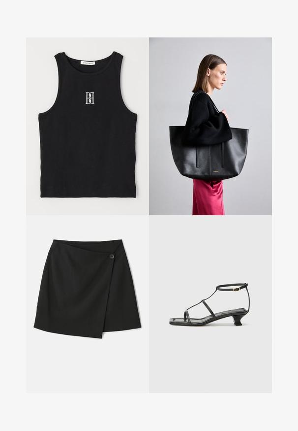 Crna rebrasta majica bez rukava s okruglim izrezom i izvezenim logotipom u bijeloj boji. Tkanina ima glatku teksturu i prilagođen je kroj.; Crna omotnica s suptilnom teksturom tkanine, asimetričnim dizajnom i zatvaranjem s bočnim dugmetom za dodatne detalje.; Crne kožne sandale sa kvadratnim vrhom, tankim trakama, podesivom trakicom oko gležnja i niskom petom. Imaju mali zlatni detalj na traci.; Crna kožna torba tote s teksturiranom završnom obradom, koja ima dvije vertikalne linije, duple naramenice i minimalistički dizajn.