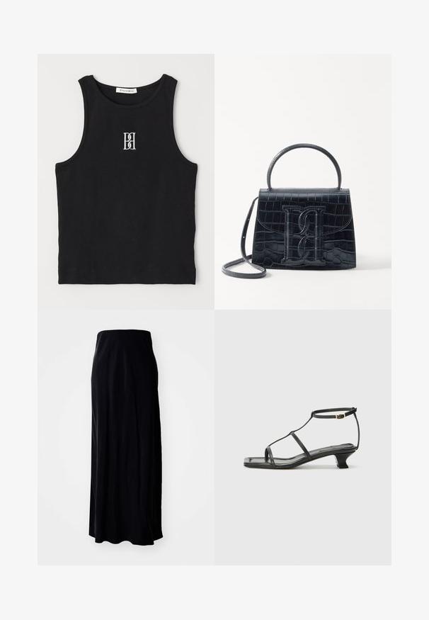 Čierny rebrový tielko s okrúhlym výstrihom a vyšitým logom v bielej farbe. Materiál má hladkú textúru a priliehajúci strih.; Čierna maxi sukňa vyrobená z jemného materiálu; má rovný strih, hladkú textúru a mierne rozšírený lem.; Čierna kožená sandála so štvorcovou špičkou, tenkými popruhmi, nastaviteľným pásikom okolo členka a nízkym podpätkom. Obsahuje malý zlatý akcent na popruhu.; Čierna kabelka z krokodílovej embosovanej kože so štruktúrovaným dizajnom, horným uchom, nastaviteľným popruhom a výrazným predným logom.