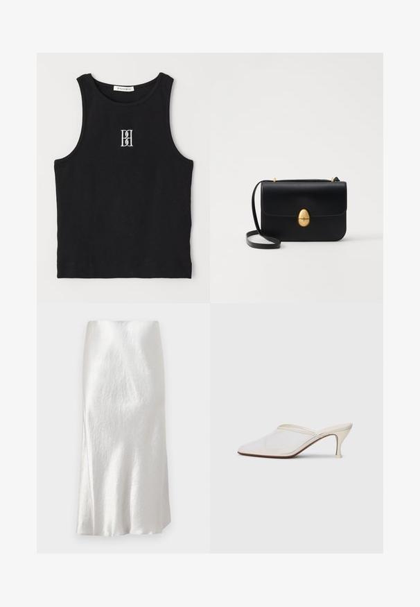 Top de tip tank black cu farfurie rotundă, având un logo brodat alb. Materialul are o textură netedă și o formă ajustată.; Fustă midi din satin alb cu o textură ușor crinkled, design ușor evazat și finisaj neted, având o talie ascunsă.; Mule alb cu plasă, cu vârf ascuțit, toc subțire de înălțime medie și design slip-on, pe un fundal simplu.; Geantă de mână din piele neagră, cu o formă rectangulară structurată. Are un capac oval auriu și o curea subțire pentru umăr. Textură netedă.