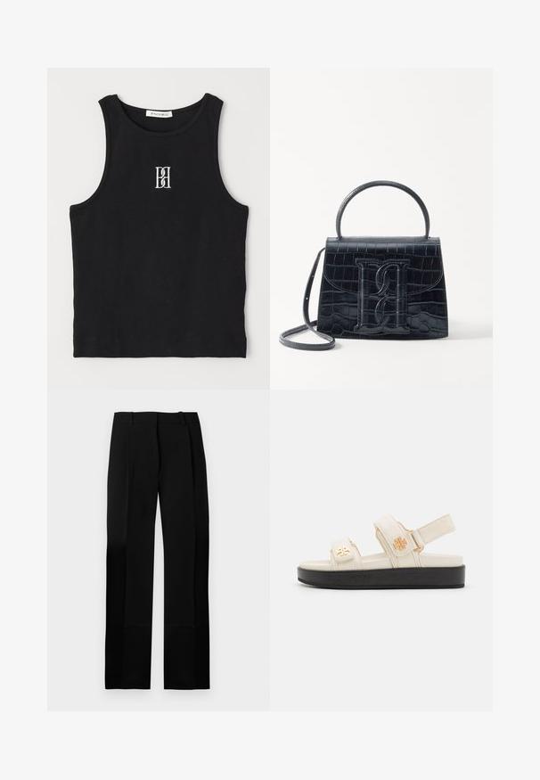 Čierny rebrový tielko s okrúhlym výstrihom a vyšitým logom v bielej farbe. Materiál má hladkú textúru a priliehajúci strih.; Čierne šité nohavice s hladkou textúrou, rovnými nohavicami a prednými záhybmi. Majú plochý pás a žiadne viditeľné kovové súčasti.; Bežové nastaviteľné sandále s hladkým povrchom, ktoré majú dva remene a čiernu platformovú podrážku. Zlatý logotyp na každom remeni.; Čierna kabelka z krokodílovej embosovanej kože so štruktúrovaným dizajnom, horným uchom, nastaviteľným popruhom a výrazným predným logom.