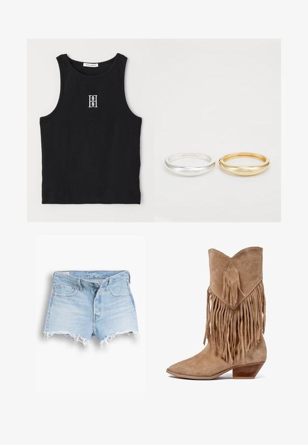 Must räbal top, millel on ümmargune kaelus ja valge tikitud logo. Kangas on siledast tekstuurist ja keha lähedane lõige.; Heledad sinine teksapükste lühikesed püksid kõrge vöökohtadega, rebenenud servadega, viie tasku disainiga ja kontrastsete õmblustega. Ees on kaks nööpi kinnitamiseks.; Tan nahast cowboy saapad fringingudega, terava varbaga ja madala hunnitud kontsaga. Omab rombikujulist plaastrit varruka peal.; Zign 2 PACK - Käevõru - gold-coloured/silver-coloured