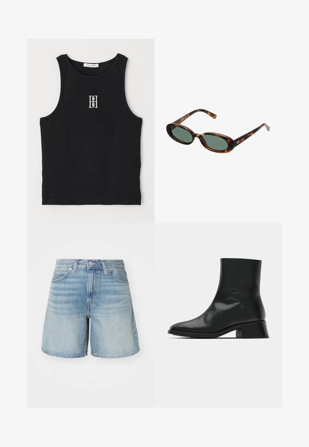 Black ribbed tank top featuring a round neckline and embroidered logo in white. Fabric has a smooth texture with a fitted shape.; Light blue denim shorts with a straight cut, five pockets, belt loops, and a slightly frayed hem. Classic jean texture and finish.; Black ankle boot made of shiny leather, featuring a sleek design, pointed toe, and a moderate block heel for stability.; Tortoiseshell sunglasses with oval frames and green lenses. Features thin arms with a metallic accent near the hinges.