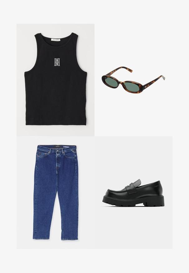 Juodas raštuotas lieknas marškinėliai su apvalia iškirpte ir balta siuvinėta logotipu. Medžiaga yra glotni su pritaikytu siluetu.; Tamsiai mėlyni džinsai su tiesiu kirpimu, su sagčių užsegimu, penkiais kišenėmis ir subtiliais siuvinėti akcentais siūlėse.; Juodi odiniai loafersai su storu tekstūruotu padu, turintys dirželį per vampą ir lygų, blizgantį paviršių.; Žvyneliai akiniai su ovaliais rėmeliais ir žaliais objektyvais. Siūlo plonas šakes su metaliniu akcentu prie vyrų.; Zign Apyrankė - silver-coloured