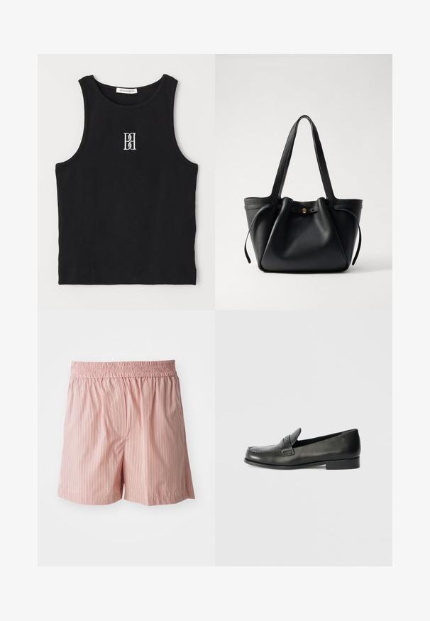 Débardeur noir côtelé avec un col rond et un logo brodé en blanc. Le tissu a une texture lisse avec une coupe ajustée.; Shorts rose clair avec des rayures verticales rouges et blanches. Taille élastique ; coupe décontractée ; texture lisse avec un minimum de détails.; Mocassins en cuir noir avec un bout arrondi, des détails de couture surélevés et un talon bas empilé. Texture lisse avec un éclat subtil.; Sac en cuir noir avec deux longues anses, un haut resserré et un accent circulaire doré. Texture lisse avec un design minimaliste.