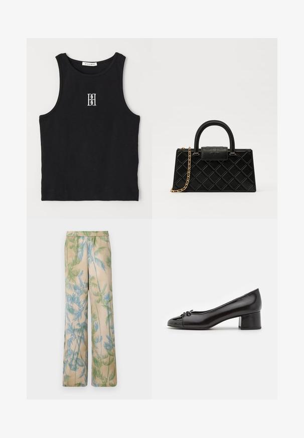 Canotta nera a costine con scollatura rotonda e logo ricamato in bianco. Il tessuto ha una texture liscia con una forma aderente.; Pantaloni leggeri e dal fit comodo in beige con stampe di foglie di palma verdi e blu, dotati di una vita elasticizzata e gambe larghe.; Décolleté in vernice nera con punta arrotondata, piccolo fiocco decorativo sul fronte e tacco a blocco basso. Texture liscia su tutta la superficie.; Borsetta nera realizzata in pelle texturizzata, con un motivo a diamante, una tracolla in metallo dorato e un manico superiore con chiusura a pattina con logo in rilievo.