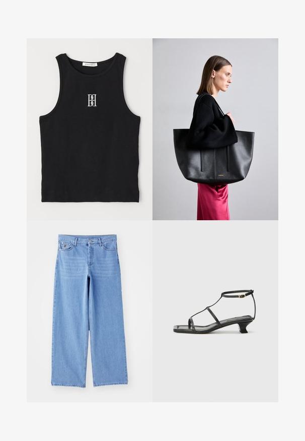 Μαύρο ριμπ αμάνικο μπλουζάκι με στρογγυλή λαιμόκοψη και刺刺κρόσια λογότυπο σε λευκό. Ο ύφασμα έχει λεία υφή με εφαρμοστή γραμμή.; Ανοιχτό γαλάζιο τζιν παντελόνι με φαρδιά γραμμή, κατασκευασμένο από τζιν ύφασμα, με κλασικό σχέδιο πέντε τσεπών και κλείσιμο με κουμπί. Λείος υφασμάτινος τύπος, με σχισμένο στρίφωμα.; Μαύρη δερμάτινη σανδάλι με τετράγωνη μύτη, λεπτές λωρίδες, ρυθμιζόμενη λωρίδα στον αστράγαλο και χαμηλό τακούνι. Διαθέτει μια μικρή χρυσή λεπτομέρεια στη λωρίδα.; Μαύρη δερμάτινη τσάντα tote με υφαντή επιφάνεια, που διαθέτει δύο κατακόρυφες γραμμές, διπλές ιμάντες ώμου και μινιμάλ σχέδιο.