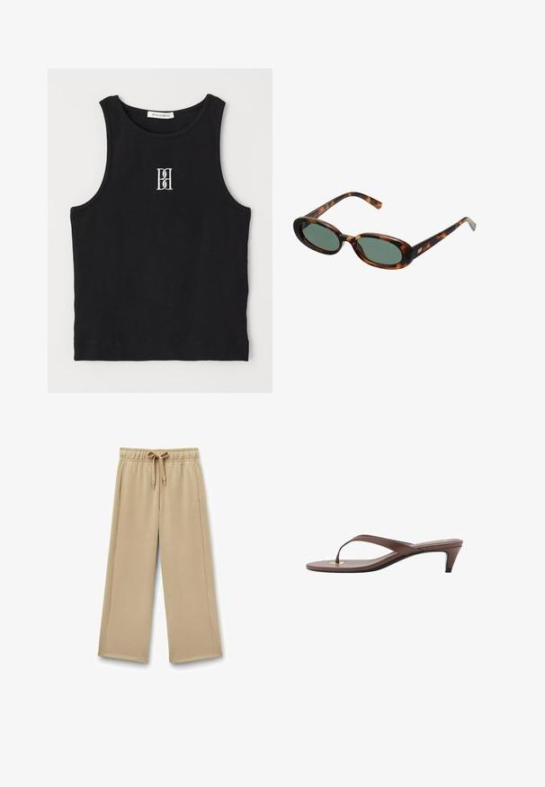 Schwarzes, geripptes Tanktop mit rundem Ausschnitt und besticktem Logo in Weiß. Der Stoff hat eine glatte Textur und eine körperbetonte Passform.; Beige weite Sweathosen mit einem elastischen Bund, verstellbarem Kordelzug und Seitentaschen; weicher Stoff mit glatter Textur.; Braune, mit Absatz versehene Flip-Flop-Sandale mit einem schmalen Riemen und abgerundetem Zehensteg, der ein kleines goldfarbenes Akzent auf dem Fußbett aufweist.; Schildpatt-Sonnenbrille mit ovalen Rahmen und grünen Gläsern. Verfügt über dünne Bügel mit einem metallischen Akzent in der Nähe der Scharniere.; Olivengrünes Lederhandtasche mit einer runden Form, doppelten Griffen und nahtlosem Vorderteil. Verfügt über eine glatte Textur und subtile Nähdetails.; Goldfarbener Metallring mit einem abstrakten, strukturierten Blätterdesign. Er hat eine unregelmäßige Form mit polierter Oberfläche und einem glatten Band.