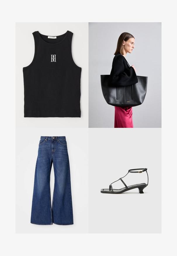 Must räbal top, millel on ümmargune kaelus ja valge tikitud logo. Kangas on siledast tekstuurist ja keha lähedane lõige.; Tumedate kohandrekked teksased tumesinises toonides, klassikalise viiega tasku kujundusega, nupuvääratus ja peened kulumismärgid reite piirkonnas.; Must värviline nahk sandaal ruudukujulise varbaga, õhukeste rihmadega, kohandatava pahkluu rihmaga ja madala kandaga. Rihmal on väike kuldne aktsent.; Mustast nahast kott tekstureeritud viimistlusega, millel on kaks vertikaalset rida, kahekordsed õlarihmad ja minimalistlik disain.