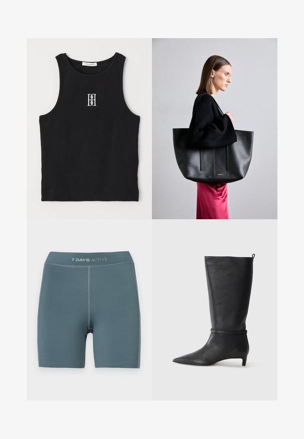 Black ribbed tank top with a crew neckline and embroidered logo in white. Features a fitted silhouette and clean, straight hem.; Light blue active shorts with a smooth texture, mid-thigh length, and a logo at the waistband; features reinforced stitching.; Black leather knee-high boot with a pointed toe, accented by a circular strap around the ankle and a low, tapered heel. Smooth texture.; Black leather tote bag with a textured finish, featuring two vertical lines, dual shoulder straps, and a minimalist design.