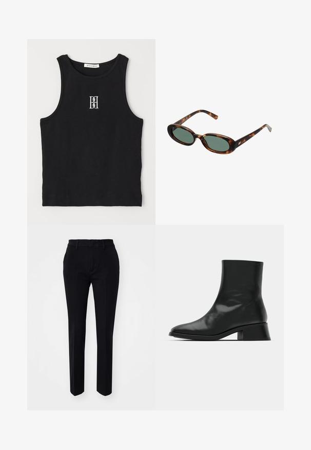 Top de alças preto canelado com decote redondo e logótipo bordado a branco. Apresenta uma silhueta ajustada e bainha limpa e reta.; Calças pretas sob medida com uma textura de tecido suave, pernas retas e bolsos laterais angulados. Cintura simples com passadores de cinto, sem padrões visíveis.; Bota de tornozelo preta feita de couro brilhante, com um design elegante, ponta afilada e um salto bloco moderado para estabilidade.; Óculos de sol de tartaruga com armações ovais e lentes verdes. Caracterizam-se por hastes finas com um destaque metálico perto das dobradiças.