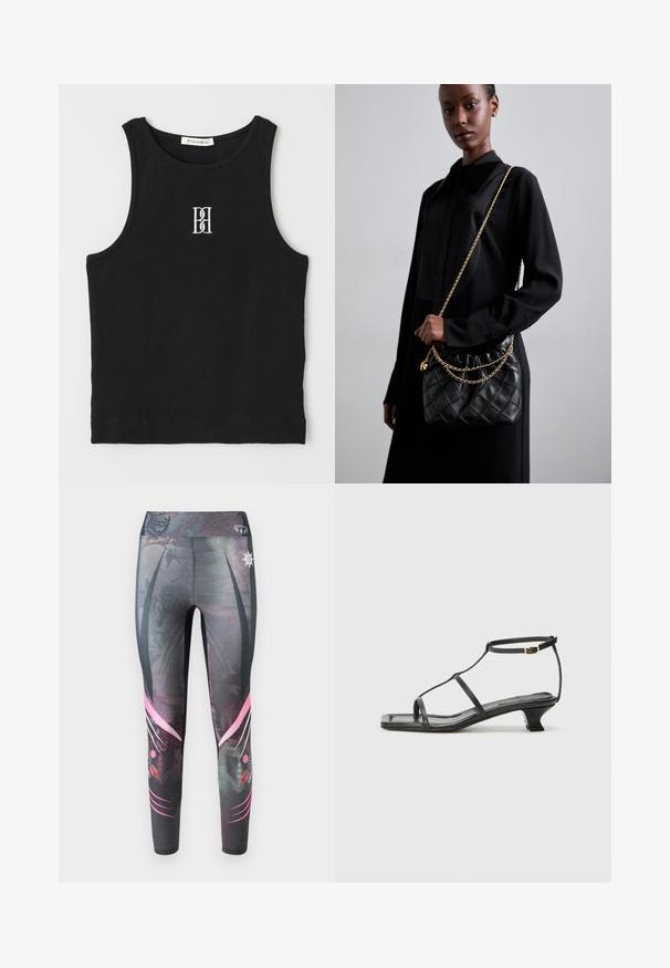 Juoda ribota maikutė su apvalia iškirpte ir baltu siuvinėtu logotipu. Siaurėjanti silueto ir švarus, tiesus apatinis kraštas.; Tvirtai priglundančios tamprės tamsiai pilkos spalvos su taškų raštu, su rožiniais grafikos akcentais ir aukšta juosmens juosta.; Juodas odinis sandalai su kvadratiniu pirštu, plonomis dirželiais, reguliuojamu kulkšnies dirželiu ir žemu kulnu. Yra nedidelis aukso akcentas ant dirželio.; Juodas susegamas odinis rankinukas su susiraukšlėjusia viršuje, auksine grandine ir stačiakampiu pavidalu, laikomas prieš paprastą foną.