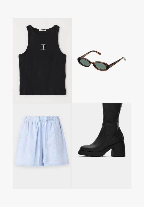 Svart ribbet tanktop med rund halslinse og brodert logo i hvitt. Stoffet har en glatt tekstur med en tettsittende fasong.; Lyseblå stripete shorts med elastisk midje og snor. Laget av mykt stoff med en avslappet passform og plisserte detaljer.; Sorte lærstøvler midt på læggen med kraftig blokhæl og rund tå, vist fra siden på hvid baggrund.; Skilpadde-skjold solbriller med ovale rammer og grønne linser. Har tynne stenger med en metallisk aksent nær hengslene.