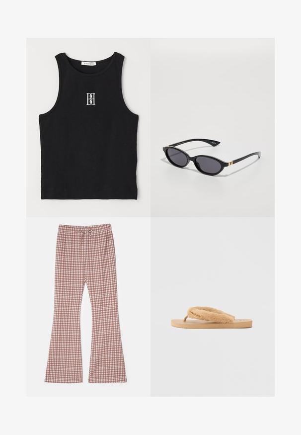 Musta ribbed-t-paita, jossa on pyöreä kaula-auko ja valkoisella brodeerattu logo. Kangas on sileä ja muoto on tiivis.; Ruskeat ja valkoiset ruudulliset leveälahkeiset housut, joissa on joustava vyötärö ja nyöritys. Ne on valmistettu kevyestä kankaasta ja niissä on rento istuvuus sekä sileä rakenne.; Tan flip-flopit, jossa on tekoturkistavara ja teksturoitu kumipohja sekä muotoiltu pohjallinen. Strassia koristeena hihnassa.; Mustat aurinkolasit, joissa on ovaalit linssit, tummat sävygradientit ja kapeat varret, joissa on hienovaraiset kultaiset yksityiskohdat. Sileä muovipinta.