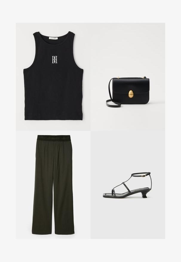Zwarte geribbelde tanktop met een ronde halslijn en een geborduurd logo in het wit. De stof heeft een gladde textuur met een aansluitende pasvorm.; Donkergroene wijde broek met een gladde textuur, elastische tailleband en zonder zichtbare patronen of accenten.; Zwarte leren sandaal met een vierkante neus, dunne banden, een verstelbare enkelriem en een lage hak. Heeft een kleine gouden accent op de band.; Zwarte leren handtas met een gestructureerde rechthoekige vorm. Voorzien van een gouden ovale sluiting en een dunne schouderband. Glad van textuur.