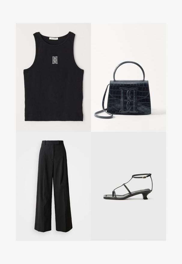 Čierny rebrový tielko s okrúhlym výstrihom a vyšitým logom v bielej farbe. Materiál má hladkú textúru a priliehajúci strih.; Čierne nohavice so širokými nohavicami vyrobené z hladkej tkaniny s vysokým pásom, s dvoma prednými skladmi a prispôsobeným strihom.; Čierna kožená sandála so štvorcovou špičkou, tenkými popruhmi, nastaviteľným pásikom okolo členka a nízkym podpätkom. Obsahuje malý zlatý akcent na popruhu.; Čierna kabelka z krokodílovej embosovanej kože so štruktúrovaným dizajnom, horným uchom, nastaviteľným popruhom a výrazným predným logom.