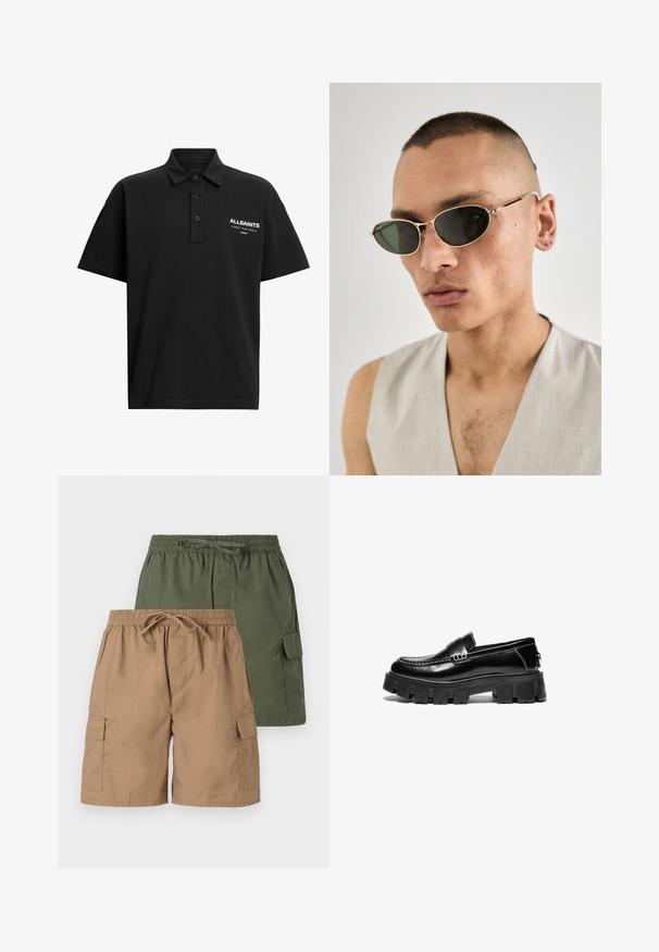 Sort polo-shirt lavet af bomuld med klassisk krave, to knapper og et trykt logo i hvidt på venstre brystområde.; To sæt cargo shorts; et i khaki og et i grøn. Hver er udstyret med en elastisk talje, snor og sidelommer. Glat stoftekstur.; Sorte læder loafers med kraftig gummisål, dekorativ strop over vristen og kontrasterende hvid syning. Glat tekstur med rund tå.; Guldindfattede solbriller med ovale sorte linser. Har tynde stænger og et minimalistisk design. Indfatningen har subtile detaljer og en poleret finish.; Brun silketie med en diagonal stribet struktur, spidse ender og glat overflade, designet til formelle eller professionelle anledninger.