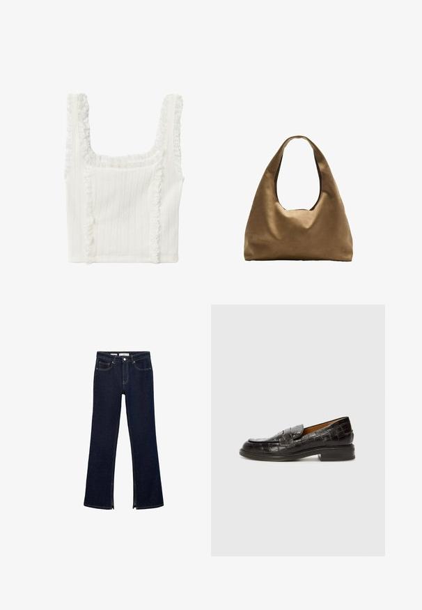 Koton Top - off white; Dark blue denim flared jeans feature a high waist, side zipper openings, front pockets, and contrasting stitching details for added definition.; Billi Bi Slip-ons - espresso; Brown fabric shoulder bag with a wide, rounded body and a large cutout handle. Soft texture, minimalistic design, and no visible hardware.