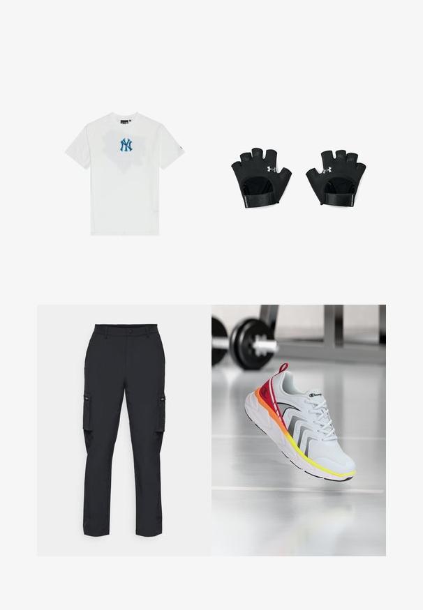 Valge puuvillane T-särk ümmarguse kaelusega, mille esiküljel on sinine NY logo ja selle taga peen graafiline muster. Lühikesed varrukad.; Mustad mustad püksid, millel on sile tekstuur, küljetaskud ja nööbiga lukustus. Disain on pahkluust kitsenev.; Valge spordijalats, millel on võrgutöötlusega ülemine osa, mitmevärvilised aktsendid punases, oranžis ja kollases, tekstureeritud talla ja mustade detailidega.; Mustad, sõrmikudeta treeningkindad reguleeritava randmepaelaga. Omaduseks tekstuuriga haare ja silmapaistev logo taga. Vastupidav materjal.