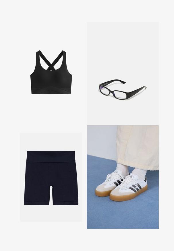 Czarny stanik sportowy z krzyżującymi się ramiączkami, gładka struktura, szeroki pasek z wzorem w zygzak na dolnej części.; Granatowe szorty z mieszanki bawełny z szerokim elastycznym paskiem, o dopasowanym kroju i płaskich szwach zapewniających komfort.; Białe sneakersy z czarnymi paskami i beżowymi zamszowymi akcentami. Posiadają teksturowaną gumową podeszwę i płaskie białe sznurowadła, noszone z jasnymi skarpetami.; Czarne prostokątne okulary z przezroczystymi soczewkami. Błyszczące wykończenie, wąskie ramiona i fioletowy odcień widoczny na krawędziach soczewek.