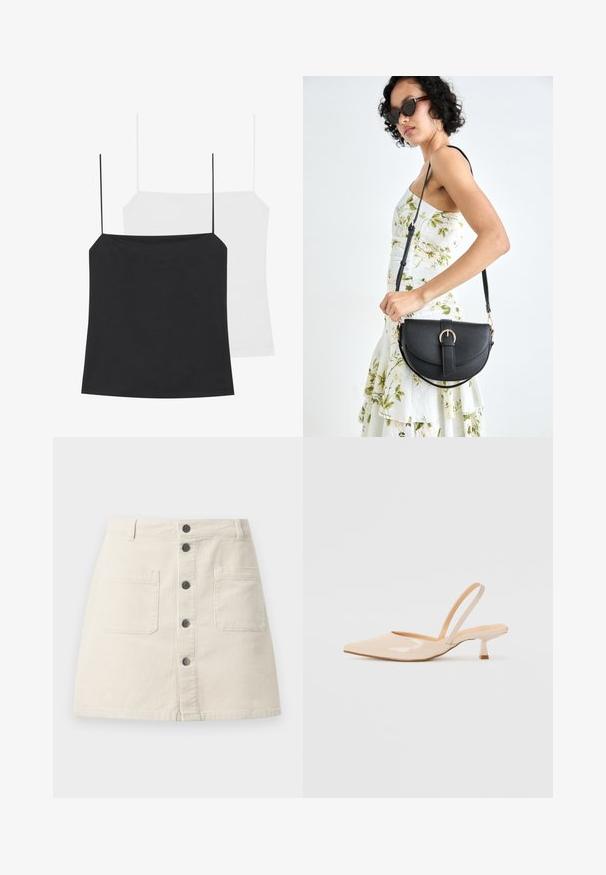 Kaksi topin tapaista esitellään: yksi musta ja yksi valkoinen. Molemmissa on ohuet olkaimet ja ne ovat tiukasti istuvia, valmistettu sileästä ja joustavasta kankaasta.; Beige corduroy minihame, jossa on edessä napitus, kaksi suurta läpätaskua ja vyölenkit vyötäröllä.; Beige patenttanssisen nahasta valmistetut slingback-korkokengät, joissa on terävä kärki ja kapea, neliömäinen korko. Saumatonta pinta ja minimalistinen muotoilu ilman koristeita.; Musta nahkainen käsilaukku, joka on kaareva muotoilultaan, irrotettavalla hihnalla ja kultaisilla yksityiskohdilla. Laukussa on läppä, jossa on solk yksityiskohta.