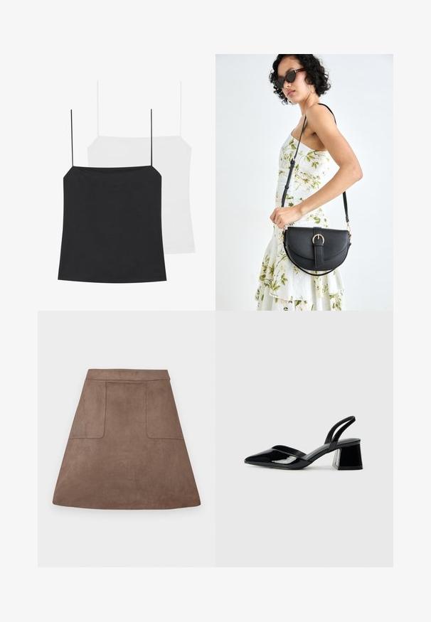 Parādīti divi kamzoli: viens melns un otrs balts. Abiem ir plānas siksniņas un pieguļoša forma, kas izgatavota no gludas, elastīgas auduma.; Brahns zīda A formas svārki ar gludu tekstūru, ar divām priekšējām kabatām un bezšuvju jostasvietu, paredzēti virs ceļgaliem.; Melna lakota āda ar atvērto papēdi, ar smailu purngalu un ģeometrisku blokpapēdi. Iezīmējas elegants, minimāls dizains un gluda tekstūra.; Melnas ādas rokassoma ar izliekta formu, noņemamu siksnu un zelta aksesuāriem. Somai ir vāciņš ar sprādzes detaļu.