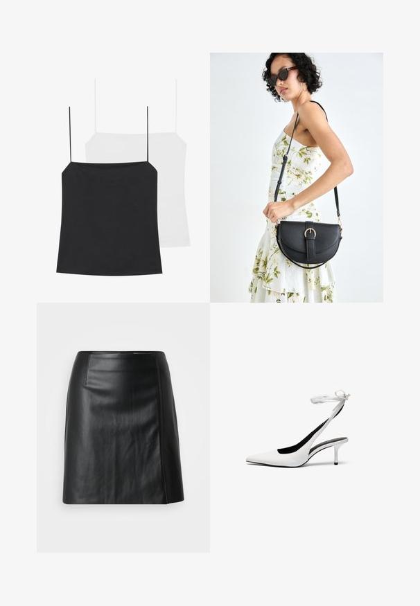 Pateikiamos dvi liemenėlės: viena juoda, kita balta. Abi turi plonas petnešas ir prigludusį dizainą, pagamintos iš lygaus, elastingo audinio.; Juodas odinis sijonas, A formos dizainas, lygus paviršius, šone su praskiepu. Yra subtilus siuvinėjimas siūlėse papildomam detalizavimui.; Balti smaili ovalo pirštai su banguota atvira užsegimo juosta. Lygi odinė medžiaga, plonas stiletto kulnas ir juodas vidinis pamušalas.; Juodas odinis krepšys su išlenkta forma, nuimamu dirželiu ir auksiniais detalėmis. Krepšys turi kilpą su sagtimi.