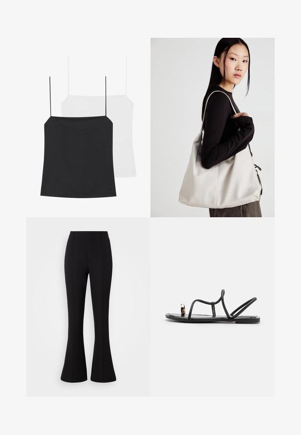 São mostrados dois tops de alças: um preto e um branco. Ambos têm alças finas e um design justo, feitos de um tecido liso e elástico.; Calças largas pretas feitas de um tecido elástico, com uma textura suave, cintura alta e detalhes de costura na frente.; Sandálias planas pretas com tiras finas e um anel para o dedo do pé, apresentando um destaque dourado no dedo. Feitas de um material liso e brilhante.; Uma bolsa bege feita de material macio, com um design descontraído, detalhes de costura e duas alças para o ombro. Adequada para uso diário.