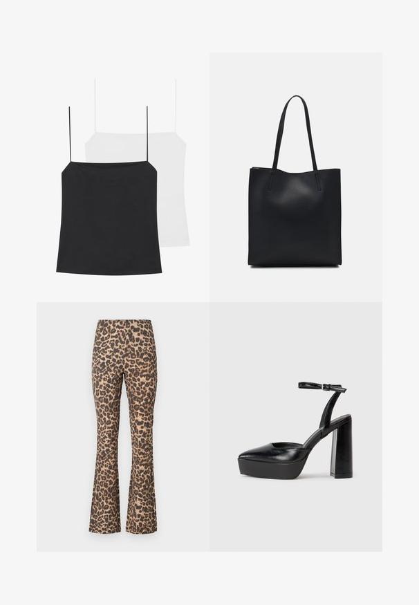 To camisole topper vises: en svart og en hvit. Begge har tynne stropper og en tettsittende design laget av et glatt, elastisk stoff.; Leopardmønster flared bukser i brun og tan. Myk stoff med en lett teksturert finish. Har høy livvidde og tettsittende silhuett gjennom hele.; Sorte plattformhelter med spiss tå og justerbar ankelrem. Laget av glatt lær, med en robust blokkhel.; Svart lær tote bag med glatt tekstur, rektangulær form og to lange håndtak. Ingen synlige deler eller dekorasjoner.