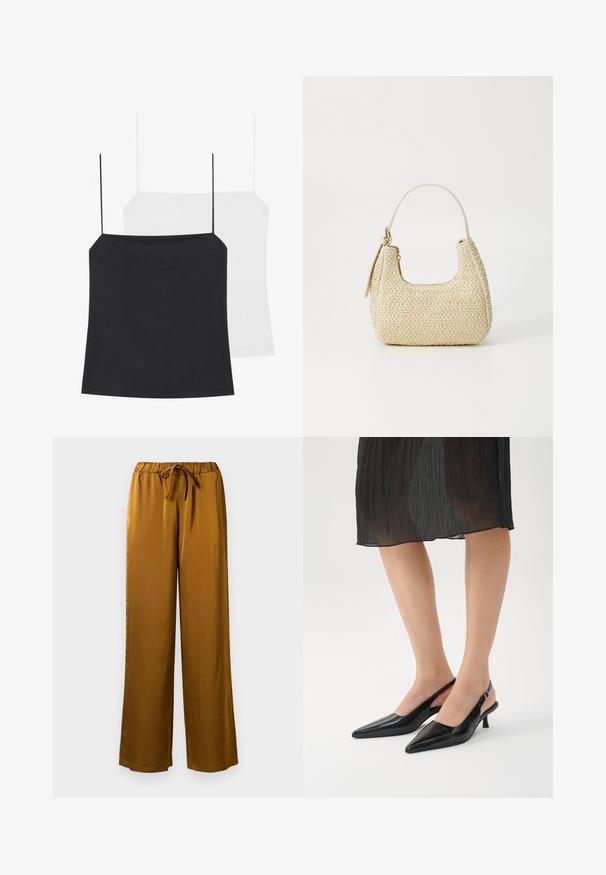Two camisole tops are shown: one black and one white. Both have thin straps and a fitted design made from a smooth, stretchy fabric.; Brown satin wide-leg pants with an elastic waistband and drawstring. Smooth texture and full-length design with a relaxed fit.; Black pointed-toe slingback heels with a glossy finish, slender heel, and open back design. Textured pattern on the upper material.; Woven straw handbag in beige with a curved shape, a short handle, and a side zipper. Features textured surface and minimalistic design.