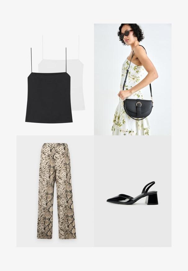 Deux débardeurs sont présentés : un noir et un blanc. Les deux ont des bretelles fines et un design ajusté en tissu lisse et extensible.; Pantalons larges avec un motif de serpent beige et noir. Le matériau est lisse avec une texture légère. Taille élastique.; Escarpins en cuir verni noir avec bout pointu et talon bloc géométrique. Présente un design élégant et minimaliste ainsi qu'une texture lisse.; Sac à main en cuir noir avec une forme courbée, bandoulière amovible et des accessoires en or. Le sac est doté d'un rabat avec un détail de boucle.