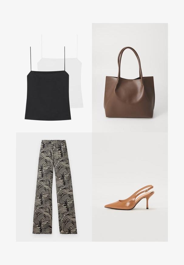 To camisoles vises: en sort og en hvid. Begge har tynde stropper og et tætsiddende design lavet af et glat, strækbart stof.; Videbenede bukser i et monokromt svirle mønster. Materialet ser letvægtigt ud med en tekstureret overflade; har en høj, elastisk talje.; Spids tå slingback hæl i et glat, blankt tan materiale. Har et buet udskæring design og en slank stiletto hæl. Sølv spænde detalje.; Brun læder tote taske med to lange håndtag, struktureret form, glat tekstur og minimalistisk design. Ingen synligt hardware eller accenter.