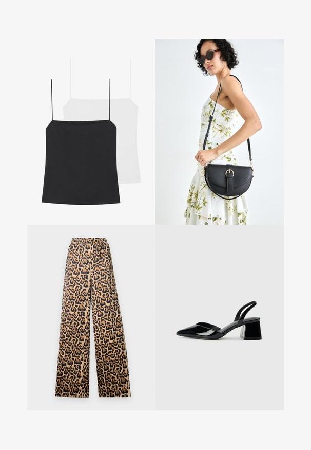 Kaksi topin tapaista esitellään: yksi musta ja yksi valkoinen. Molemmissa on ohuet olkaimet ja ne ovat tiukasti istuvia, valmistettu sileästä ja joustavasta kankaasta.; Beige ja musta leopardimustriga laiad püksid, millel on elastne vöökoht ja sile tekstuur.; Mustat patentoitu nahkakengät, joissa on säären takaosa ja terävä kärki, sekä geometrinen palikkakorko. Sisältää tyylikkään, minimalistisen muotoilun ja sileän pinnan.; Musta nahkainen käsilaukku, joka on kaareva muotoilultaan, irrotettavalla hihnalla ja kultaisilla yksityiskohdilla. Laukussa on läppä, jossa on solk yksityiskohta.