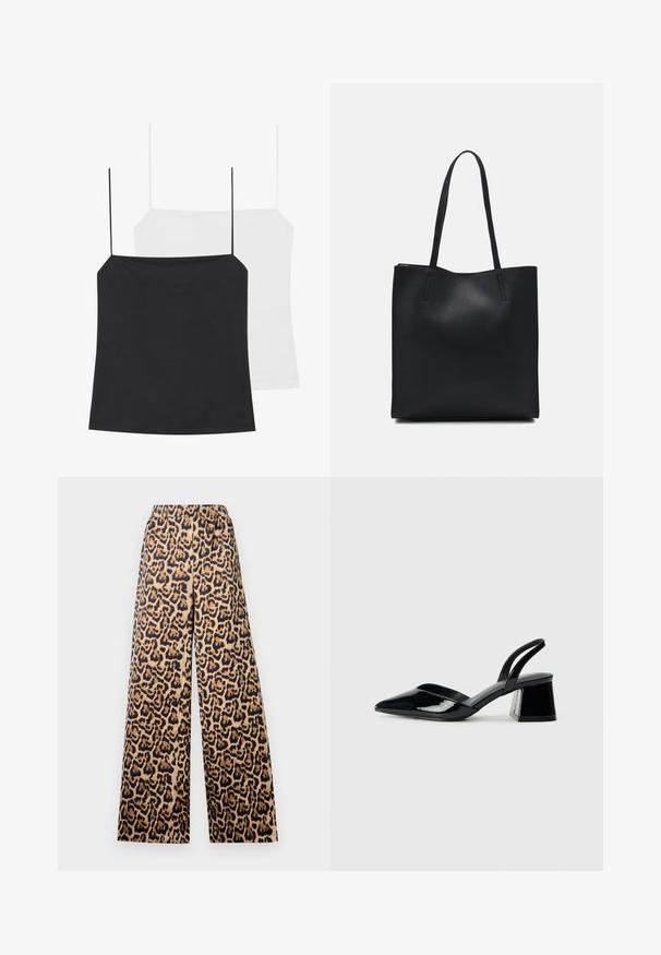 Parādīti divi kamzoli: viens melns un otrs balts. Abiem ir plānas siksniņas un pieguļoša forma, kas izgatavota no gludas, elastīgas auduma.; Platas kājas leoparda raksta bikses bēšā un melnā krāsā, ar elastīgu jostu un gludu faktūru.; Melna lakota āda ar atvērto papēdi, ar smailu purngalu un ģeometrisku blokpapēdi. Iezīmējas elegants, minimāls dizains un gluda tekstūra.; Melnas ādas somiņa ar gludu tekstūru, taisnstūra formu un divām garām rokturiem. Nav redzamu aparatūras vai rotājumu.