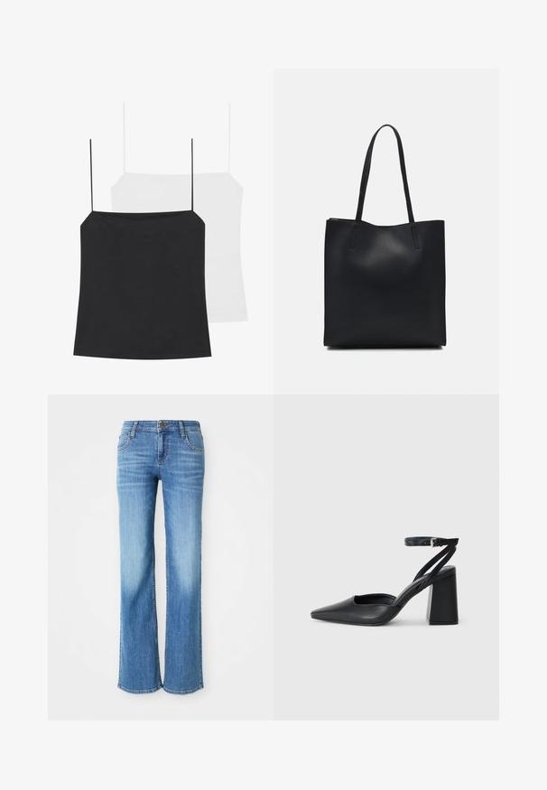 To camisole topper vises: en svart og en hvit. Begge har tynne stropper og en tettsittende design laget av et glatt, elastisk stoff.; Lyse blå denimjeans med slim fit, fem lommer og klassisk knapp igjen med et merke på linningen.; Svart lær pumps med spiss tå, ankelrem og kraftig hæl. Flat tekstur, strømlinjeformet design og minimalisme.; Svart lær tote bag med glatt tekstur, rektangulær form og to lange håndtak. Ingen synlige deler eller dekorasjoner.