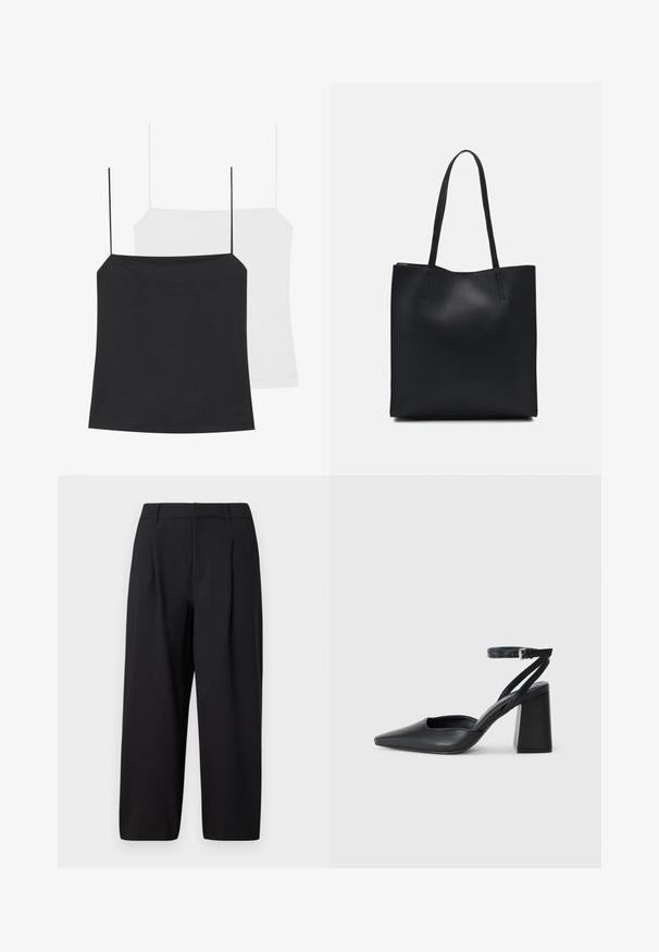 Es sind zwei Spaghettiträgershirts zu sehen: eines in Schwarz und eines in Weiß. Beide haben dünne Träger und ein figurbetontes Design, gefertigt aus einem glatten, dehnbaren Stoff.; Schwarze Hose mit lockerer Passform, gefalteter Vorderseite, flachem Bund und glatter Textur. In verkürzter Länge geschnitten, geeignet für formelle oder lässige Anlässe.; Schwarze Leder-Pumps mit spitzer Zehe, einem Knöchelriemen und einem blockigen Absatz. Flache Textur, elegantes Design und minimalistische Ästhetik.; Schwarze Laptoptasche aus Leder mit glatter Textur, rechteckiger Form und zwei langen Griffen. Keine sichtbaren Beschläge oder Verzierungen.
