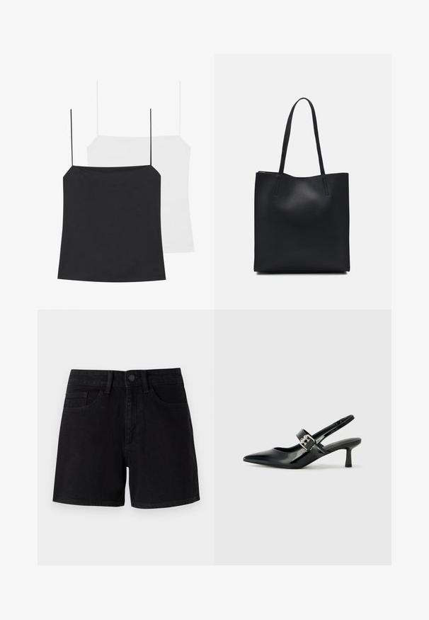 Prikazane so dve top majice: ena črna in ena bela. Obe imata tanke naramnice in prilegajoč dizajn, izdelani so iz gladkega, elastičnega materiala.; Črne denim kratke hlače s klasik obliko, z sprednjim gumbom, tradicionalnimi žepi in gladko teksturo.; Črne patent usnjene slingback pete s koničastim nosom in majhnim blok peto, ki vključujejo srebrno zaponko na traku.; Črna usnjena torba s svilnato teksturo, pravokotne oblike in dvema dolgima ročajema. Brez vidnih metalnih delov ali okrasnih elementov.