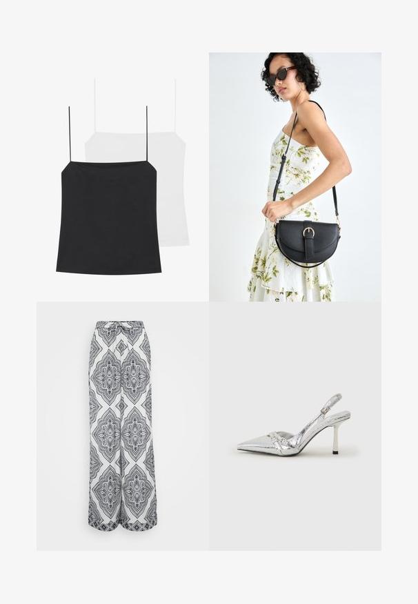 Két camisole top látható: egy fekete és egy fehér. Mindkettő vékony pántokkal és testhez simuló kialakítással rendelkezik, sima, rugalmas anyagból készültek.; Fekete-fehér geometrikus mintás, bő szárú nadrág. Zsinóros derékkal, könnyű anyagból készült, és légies szabású.; Ezüst slingback magas sarkú cipő hegyes orral, fémszerű felülettel, két dekoratív pánttal és vékony sarkú, fekete végű dizájnnal.; Fekete bőrtáska ívelt formával, levehető pánttal és arany színű fémrészekkel. A táskán egy csattal díszített fedél található.