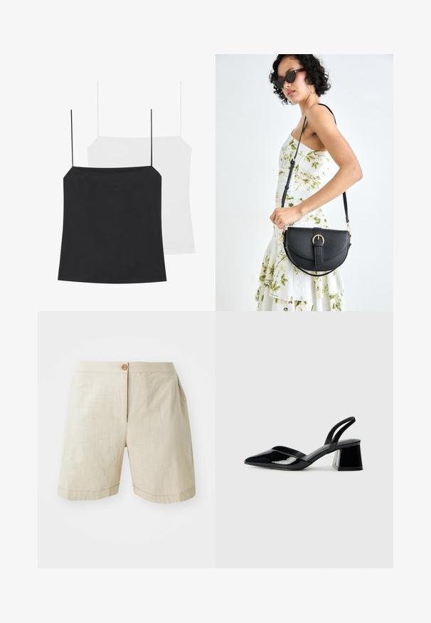 Na zdjęciu znajdują się dwa topy na ramiączkach: czarny i biały. Oba mają cienkie ramiączka oraz dopasowany krój wykonany z gładkiego, elastycznego materiału.; Beżowe lniane szorty z zapięciem na guziki, luźnym krojem i podwiniętymi nogawkami. Gładka tekstura z subtelnym wzorem tkanym.; Czarne lakierowane półbuty na obcasie z wydłużonym noskiem i geometrycznym słupkiem. Charakteryzują się eleganckim, minimalistycznym designem oraz gładką fakturą.; Czarna skórzana torebka o zakrzywionym kształcie, z odpinanym paskiem i złotymi akcentami. Torebka posiada klapę z zapięciem w kształcie klamry.