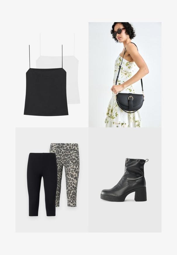 Jsou zobrazeny dva topy na ramínka: jeden černý a jeden bílý. Oba mají tenké ramínka a přiléhavý design vyrobený z hladkého, elastického materiálu.; Dva páry zkrácených legín: jedny jednobarevné černé, druhé se šedým leopardím potiskem. Měkká, pružná tkanina s elastickým pasem.; Černé kotníkové boty vyrobené z hladké kůže, s bočním zipem, robustním strukturovaným podpatkem a kulatou špičkou.; Černá kožená kabelka s křivkovým tvarem, odnímatelným popruhem a zlatými detaily. Kabelka má klopu s přezkou.