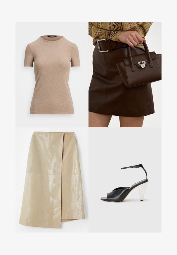 Lauren Ralph Lauren STRETCH COTTON CREWNECK TEE - Basic T-shirt - adirondack heather; Beige faux leather skirt with a glossy, textured snake-skin pattern; features a wrap design and a side slit for added detail.; Black leather high heel sandal with open toe, asymmetrical design, ankle strap, and a metallic cone-shaped heel. Smooth texture throughout.; Brown leather handbag with a textured finish and silver hardware, held with a hand beside a brown leather skirt and patterned sweater.