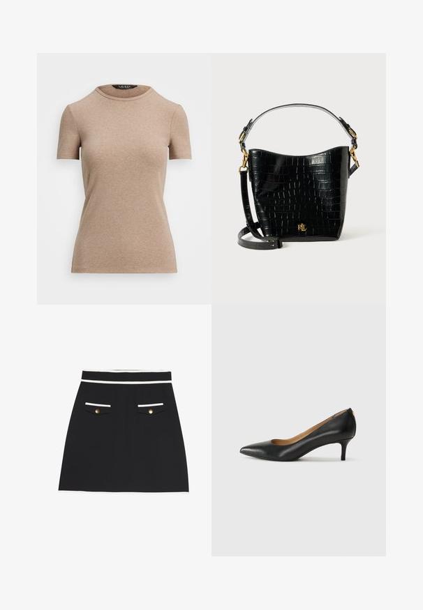Lauren Ralph Lauren STRETCH COTTON CREWNECK TEE - T-Shirt basic - adirondack heather; Schwarzer Rock mit weißem Saum am Bund und Taschen. Verfügt über zwei frontale Taschen mit goldenen Knöpfen. Glatte Gewebestruktur.; Schwarzer Lederpumps mit spitzem Zehenbereich, niedrigem Absatz und glatter Textur. Verfügt über eine leichte Öffnung an der Vorderseite und minimale Beschläge an der Rückseite.; Schwarze, krokodilgeprägte Lederhandtasche mit geschwungener Form, goldfarbenen Hardware-Akzenten, einem verstellbaren Riemen und einem Logodetail auf der Vorderseite.