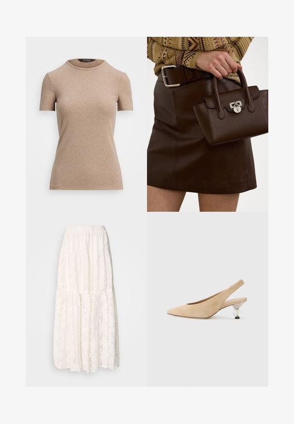 Lauren Ralph Lauren STRETCH COTTON CREWNECK TEE - T-shirt - bas - adirondack heather; Vit spets maxikjol med ett lager-på-lager design, elastisk midjeband och invecklade blommönster genom hela plagget. Lätt och strukturerad tyg.; Beige mockasinsko slingback-sko med spetsig tå och en transparent, rund klack. Slät yta och minimalistisk design.; Brun läderhandväska med texturerad yta och silverdetaljer, hålls med en hand bredvid en brun läderkjol och en mönstrad tröja.; Guldtonade metallörhängen i en kurvad, avlång form. Har en slät, glänsande yta och en rundad spets för en extra detalj.