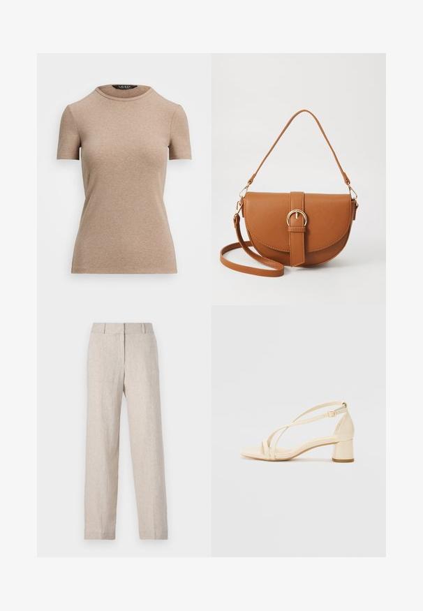 Lauren Ralph Lauren STRETCH COTTON CREWNECK TEE - Basic T-shirt - adirondack heather; Beige linen trousers with a straight leg design, high waistband, and subtle texture. No visible pockets or embellishments.; Beige heeled sandals with a block heel, strappy design, and adjustable ankle strap, made of smooth synthetic material with a matte finish.; Brown leather crossbody bag with a curved shape, gold hardware, and a buckle accent. Features a detachable shoulder strap.