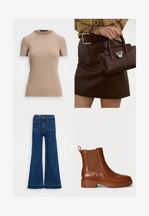 Lauren Ralph Lauren STRETCH COTTON CREWNECK TEE - Basic T-shirt - adirondack heather; Flared blue denim jeans with a high waist, featuring a button closure, two back pockets, and cuffed hems. Textured fabric with visible stitching.; Brown leather ankle boots with elastic side panels, a pull tab, and a rugged sole design. Smooth texture with a sleek silhouette.; Brown leather handbag with a textured finish and silver hardware, held with a hand beside a brown leather skirt and patterned sweater.